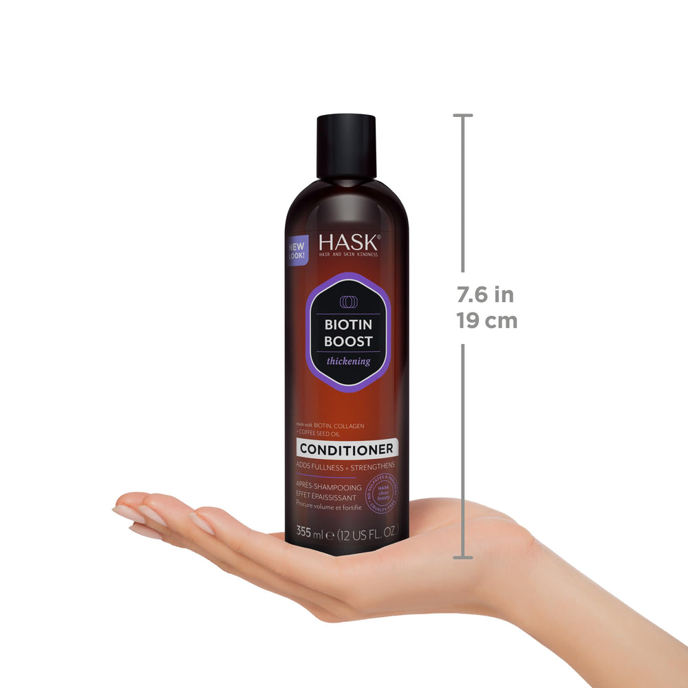 HASK Biotin Boost volumized hair closeup illustrates added thickness