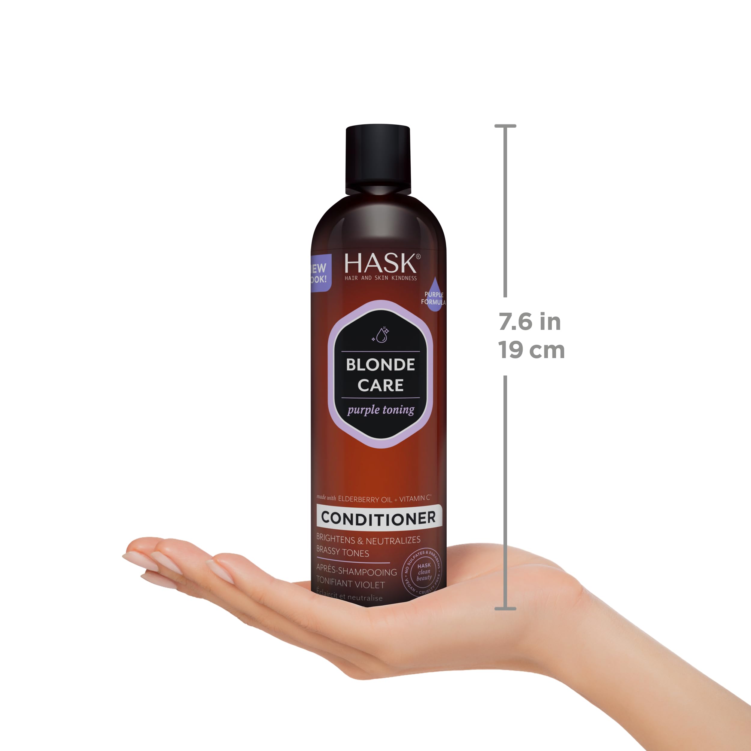 HASK Blonde Care vegan symbol on package communicates cruelty-free, plant-based goodness.