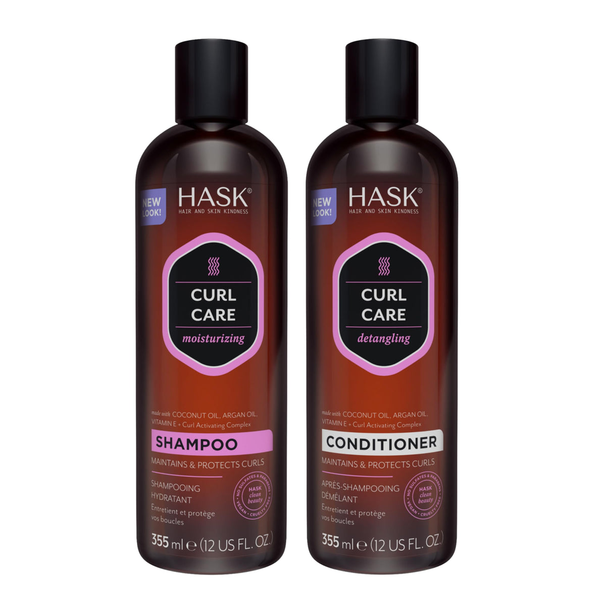 Branded HASK Curl Care Shampoo bottle highlighting coconut and argan oil for hydrated curls.