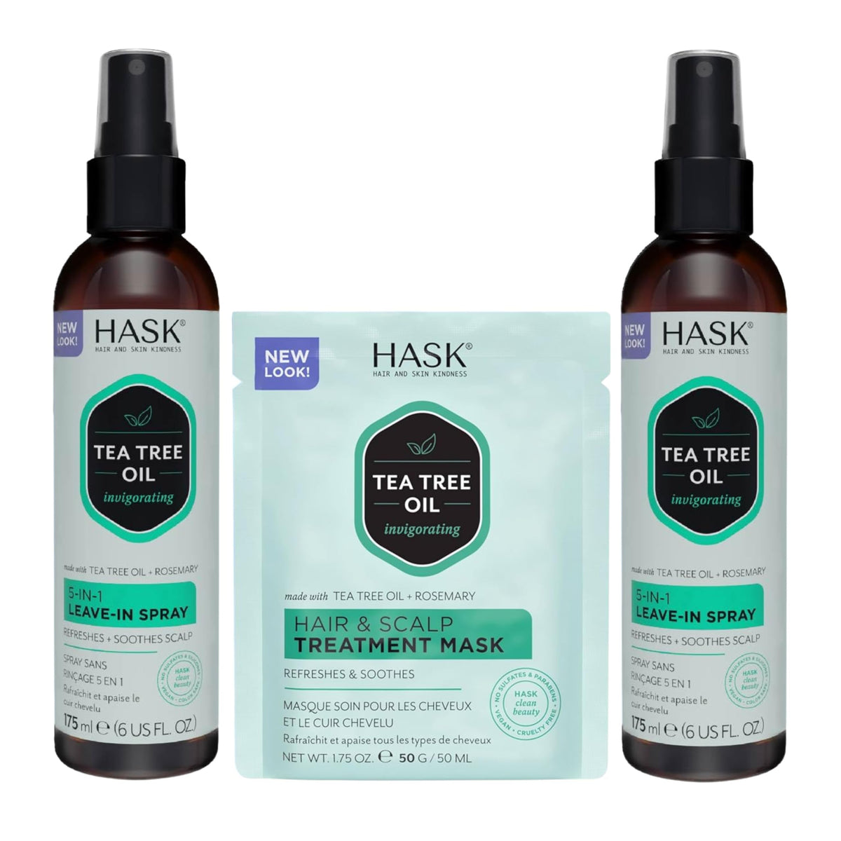 HASK Invigorating Tea Tree Oil 5-in-1 Leave-In Conditioner spray bottle close-up for detangling
