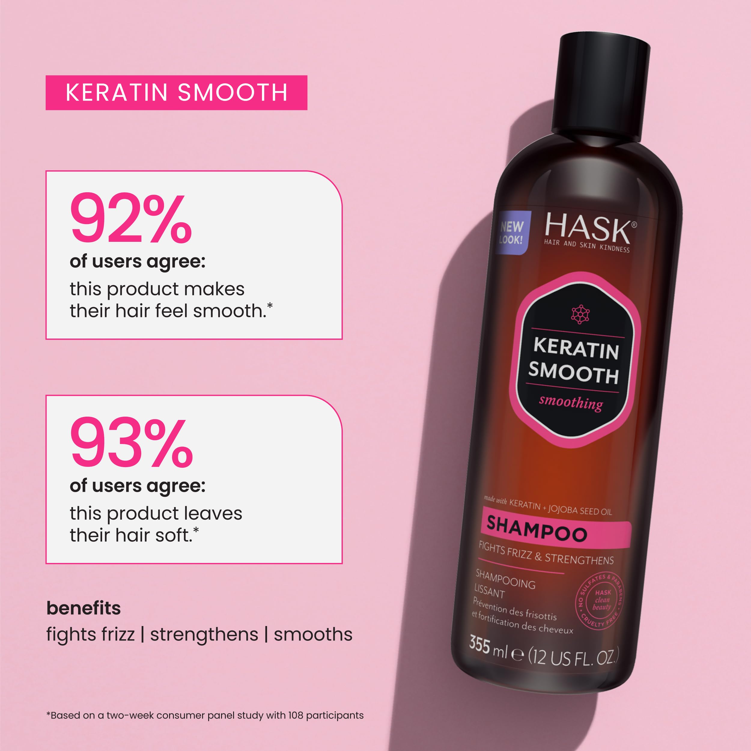HASK Keratin Smoothing Shampoo on hair strands reveals sleek, frizz-free texture.