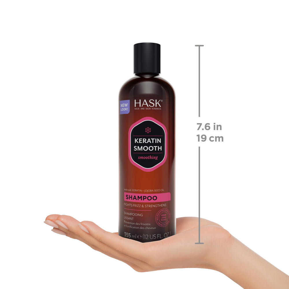 HASK Keratin Smoothing packaging notes sulfate-free and gluten-free formula.