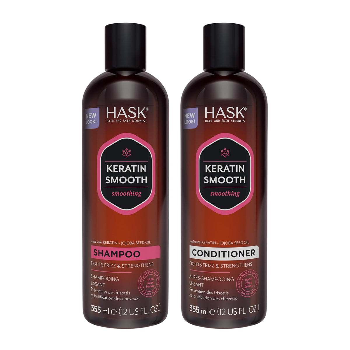 HASK Keratin Smoothing Shampoo bottle closeup showing frizz control and shine.