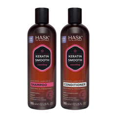 HASK Keratin Smoothing Shampoo bottle closeup showing frizz control and shine.