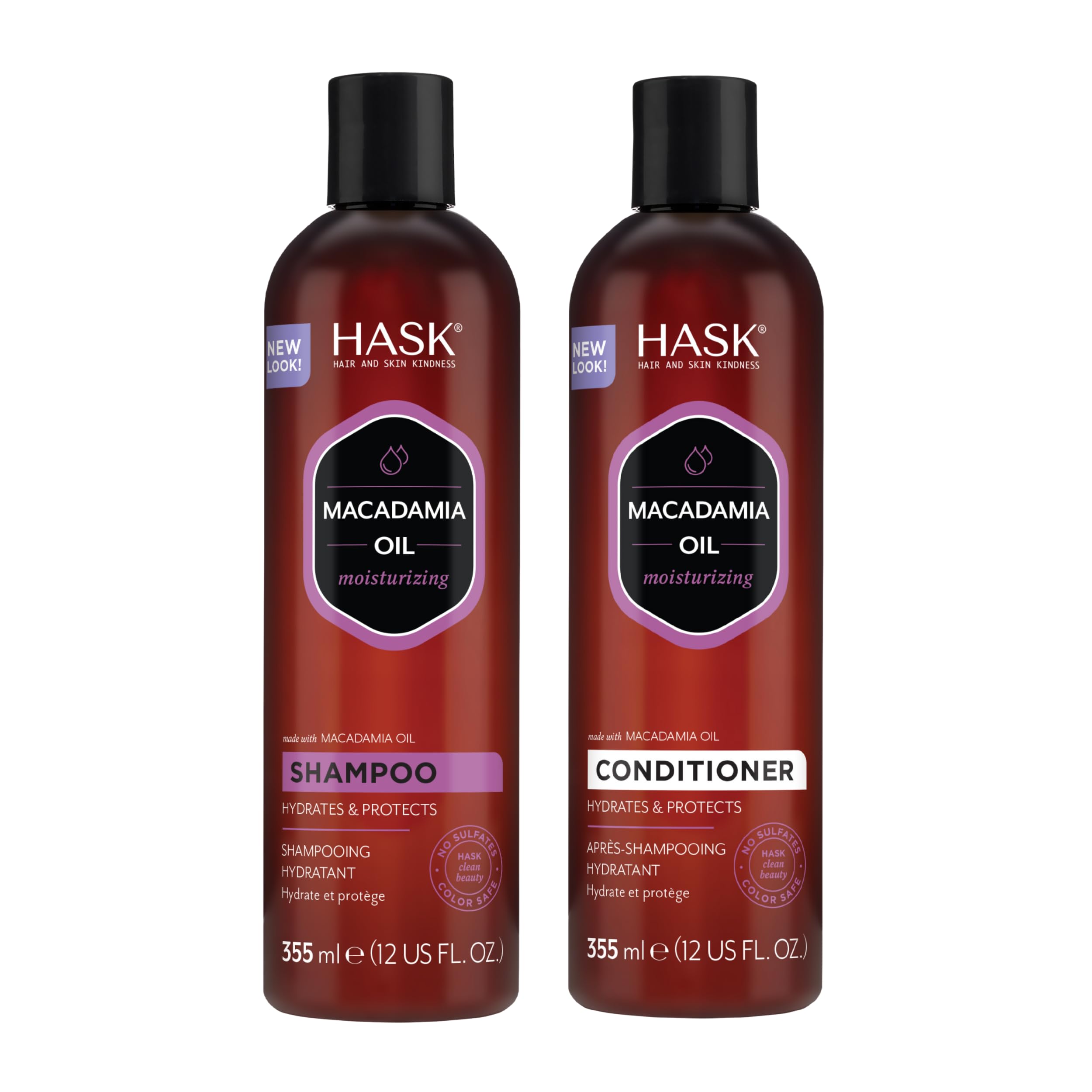 HASK Macadamia Oil Shampoo bottle shows a hydrating formula for all hair types