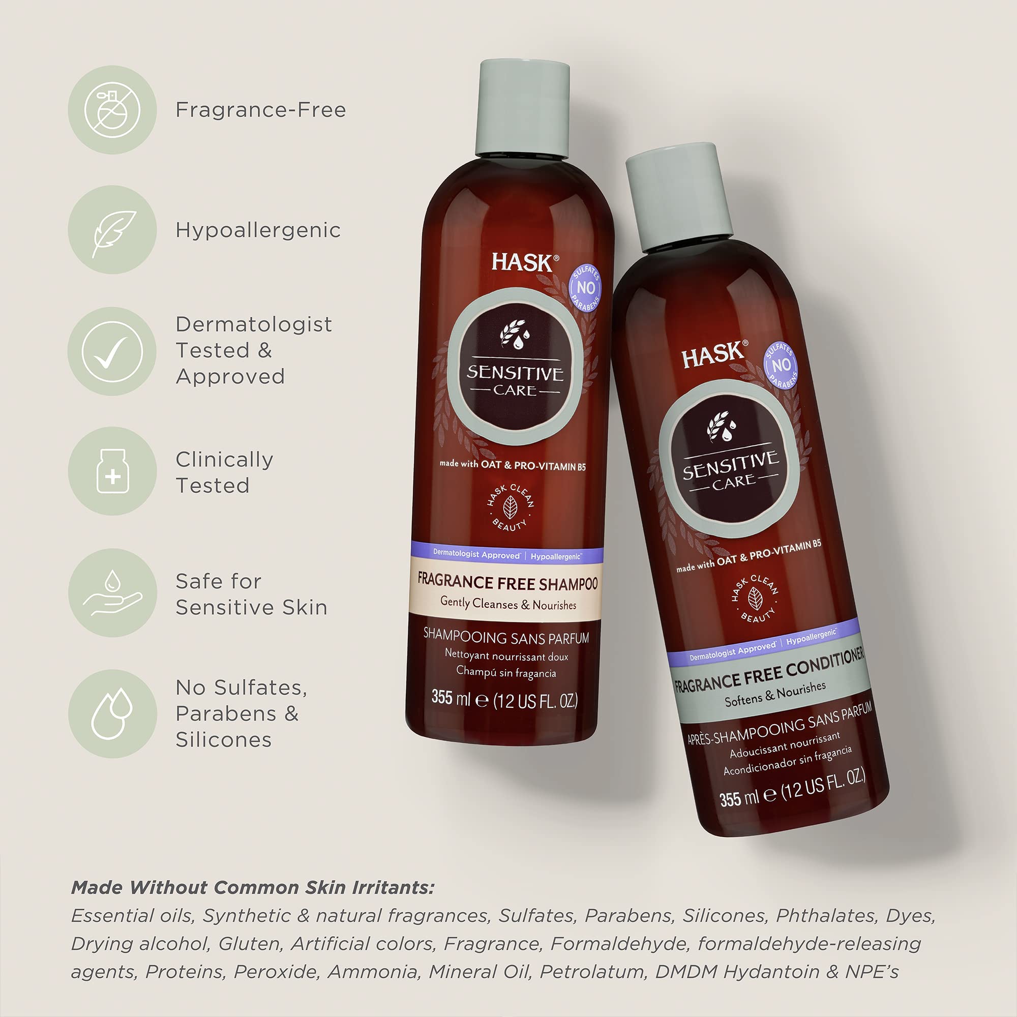 HASK Sensitive Care Conditioner bottle front—hydrating, softening for manageable hair.