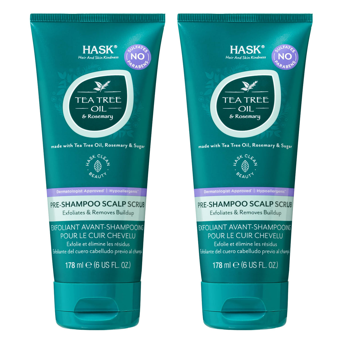 HASK Tea Tree Oil & Rosemary scrub bottle showing exfoliating action for a refreshed scalp