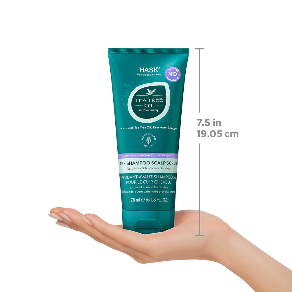 HASK Tea Tree Oil & Rosemary label close-up showcases clean vegan ingredients