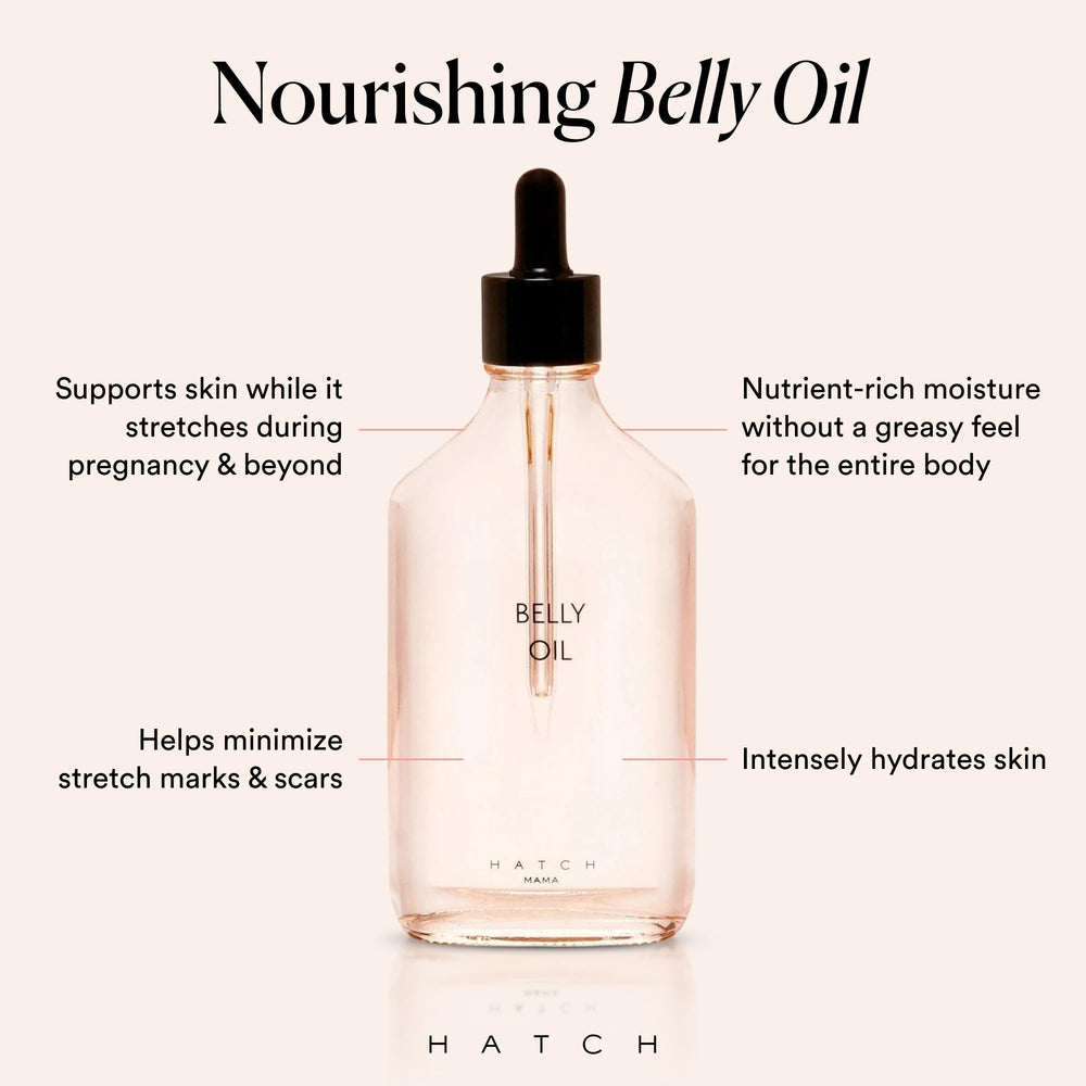 HATCH Belly Oil applying on belly with gentle massage for stretch support.