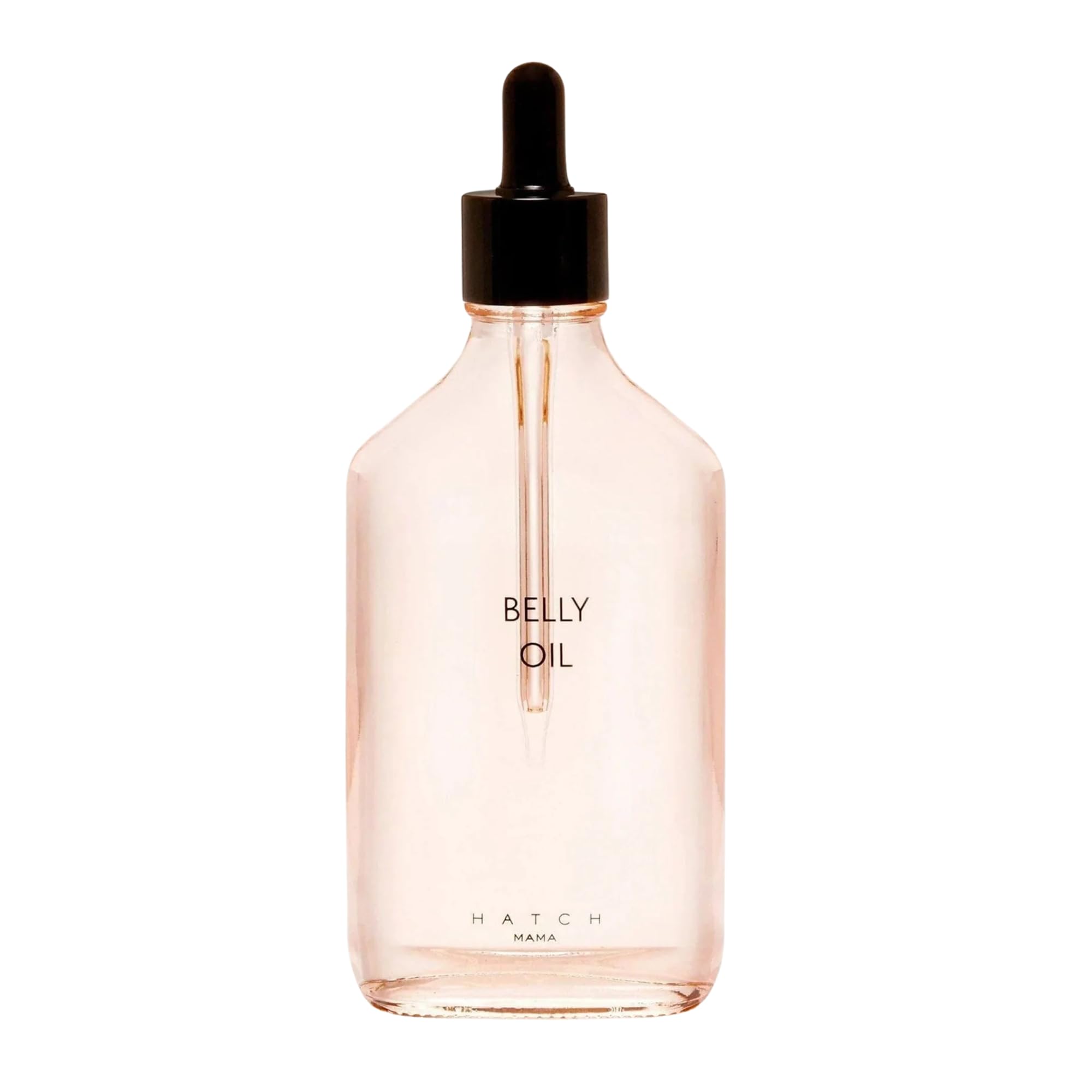 HATCH Belly Oil bottle closeup, quick-absorb hydration for pregnancy.
