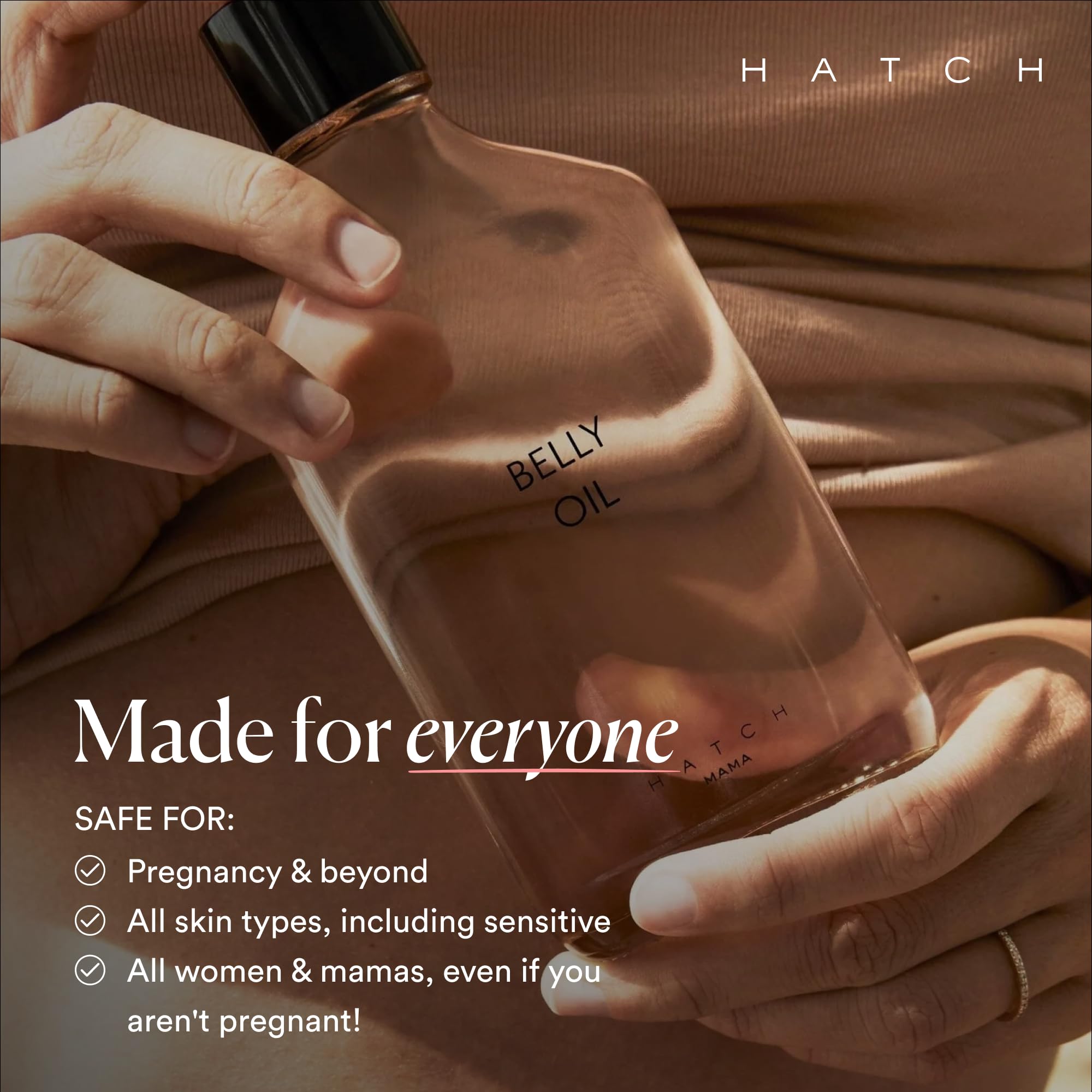 HATCH Belly Oil on belly during pregnancy and postpartum use.