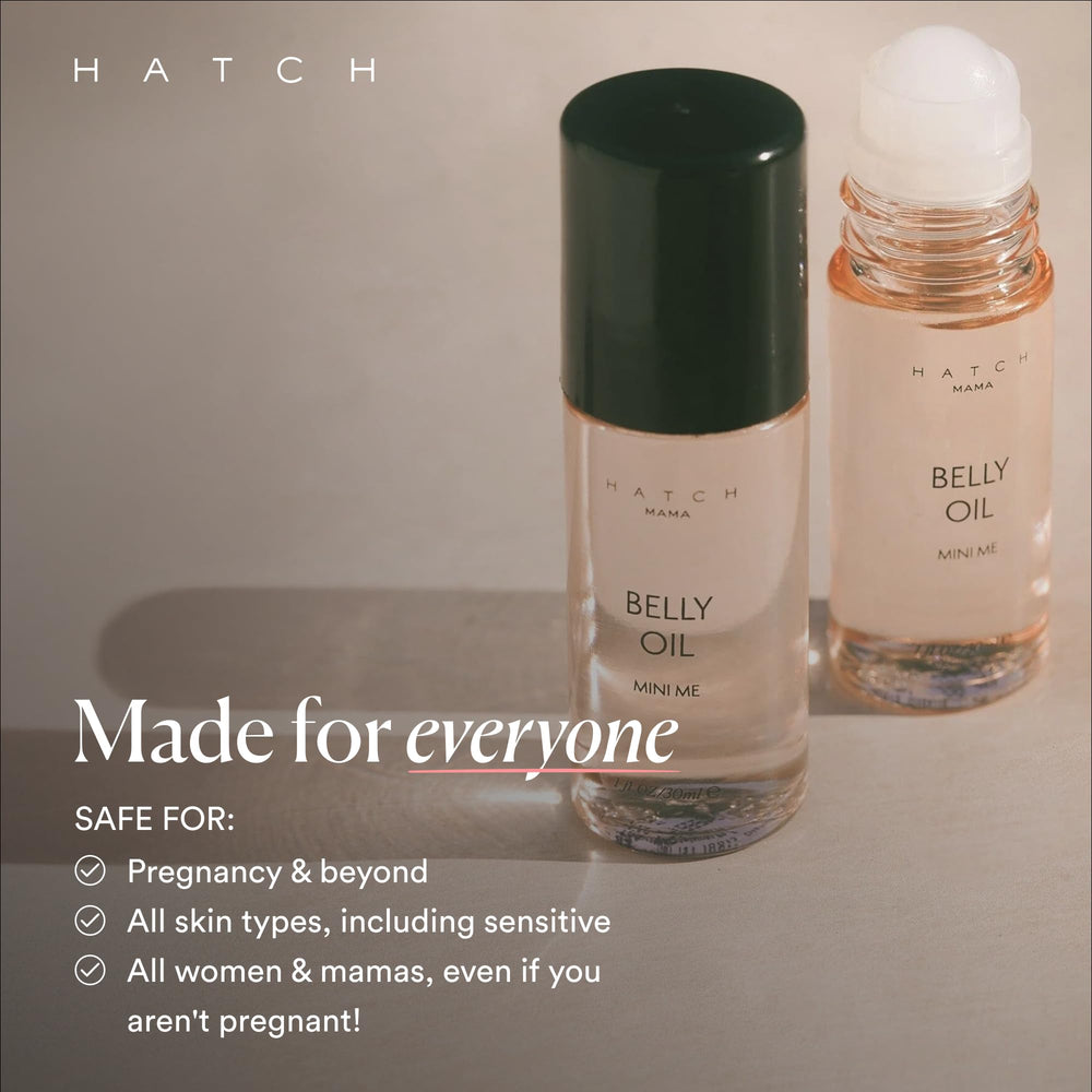 HATCH Belly Oil demonstrated postpartum body use on hips and chest