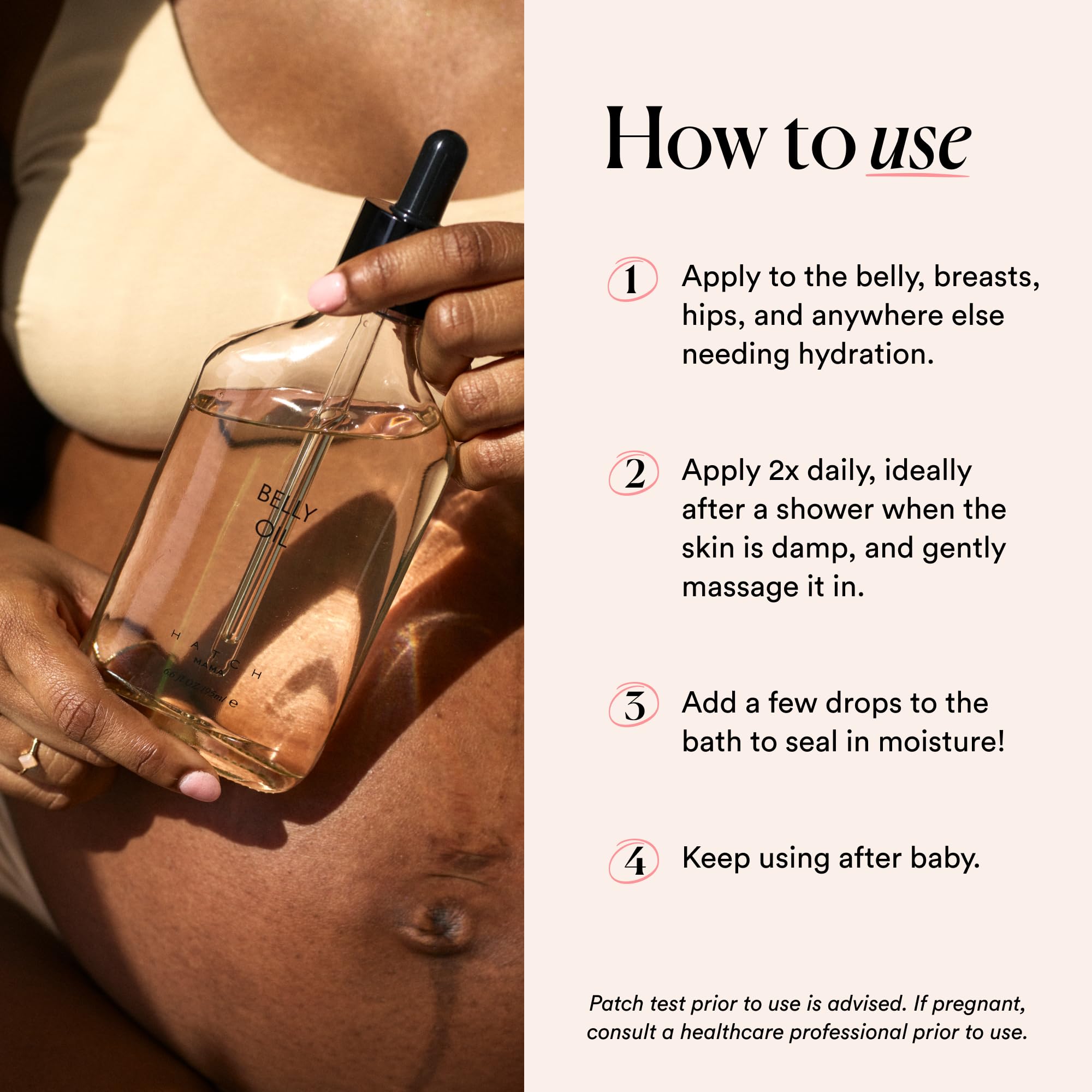 HATCH Belly Oil bottle emphasizes vegan, plant-based skincare for mamas.