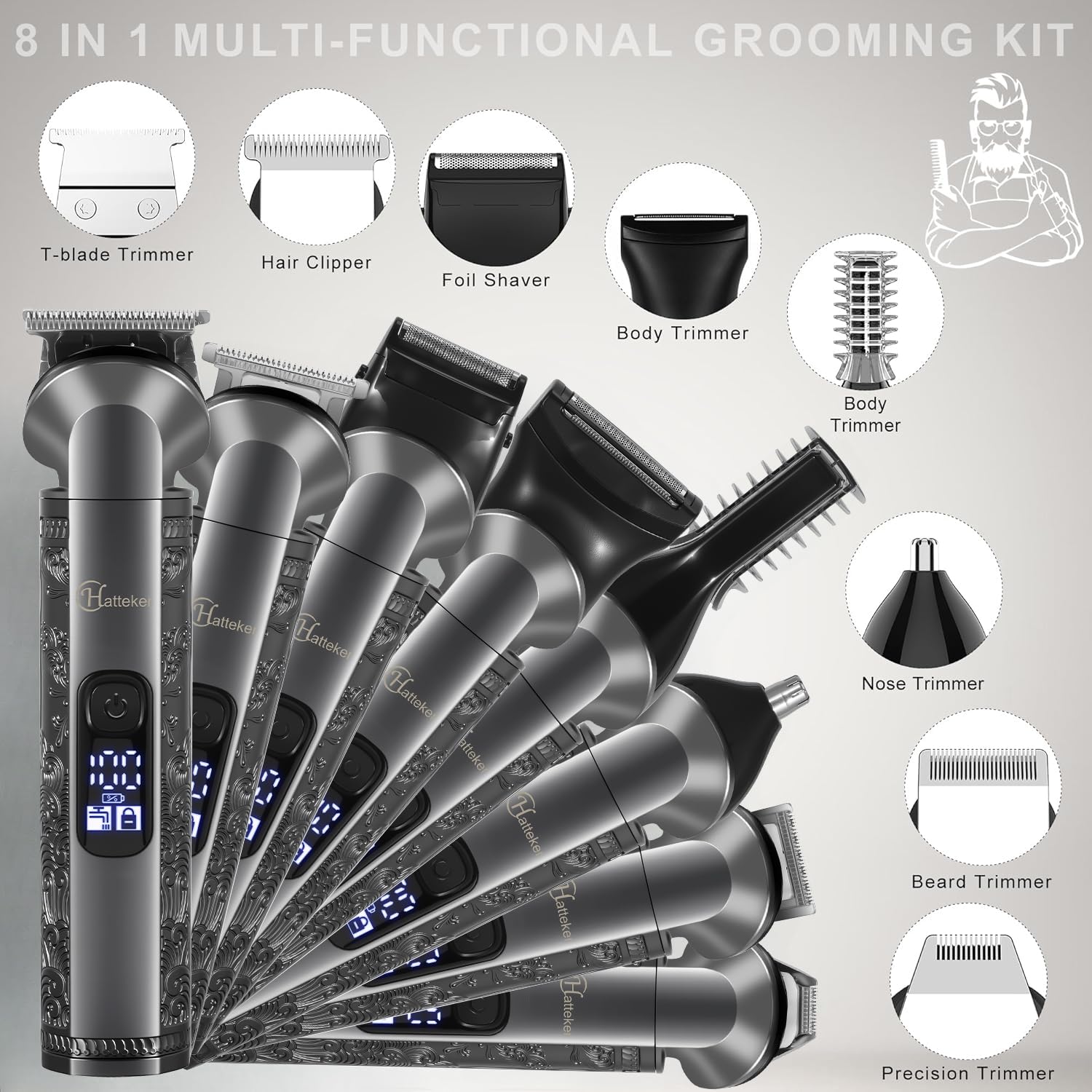 Hatteker 8-in-1 kit in use for beard trimming highlighting precise edge work
