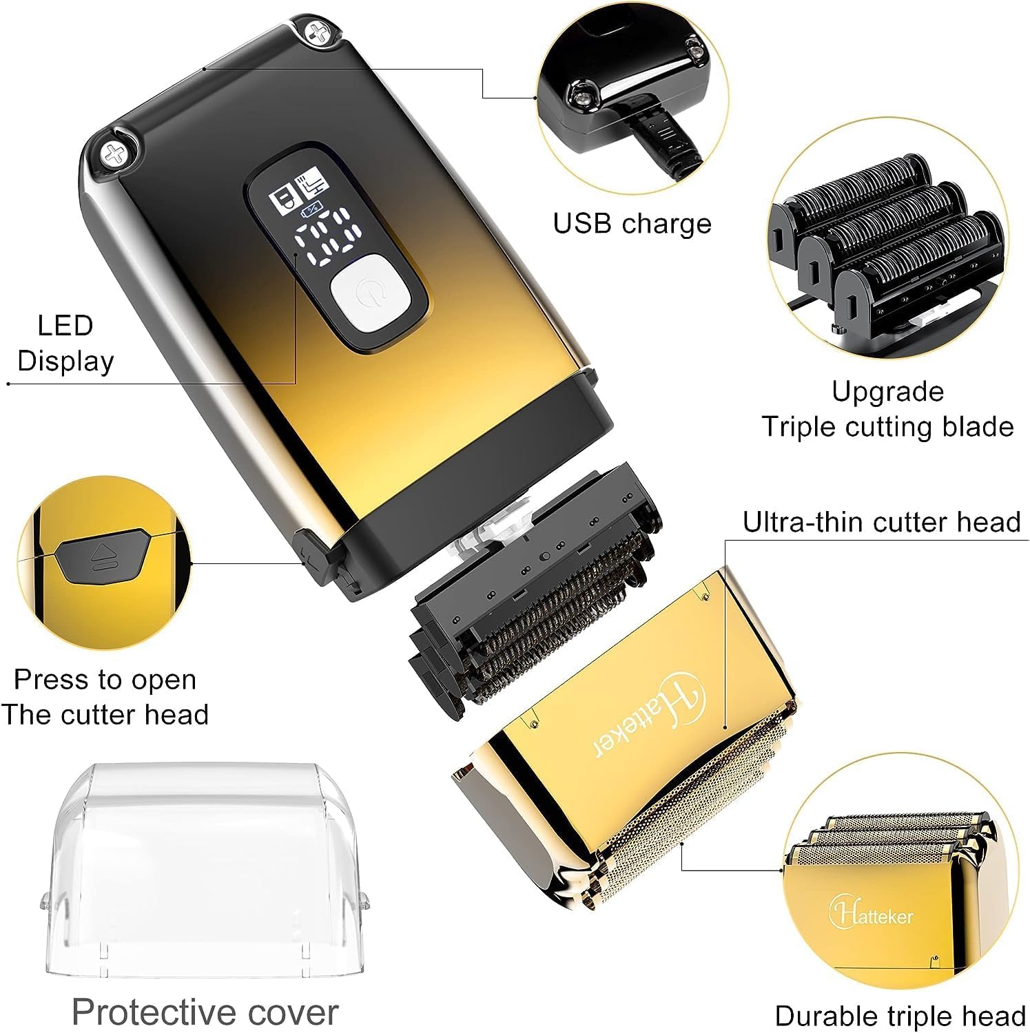 Hatteker shaver LED display clearly shows battery and status at a glance.