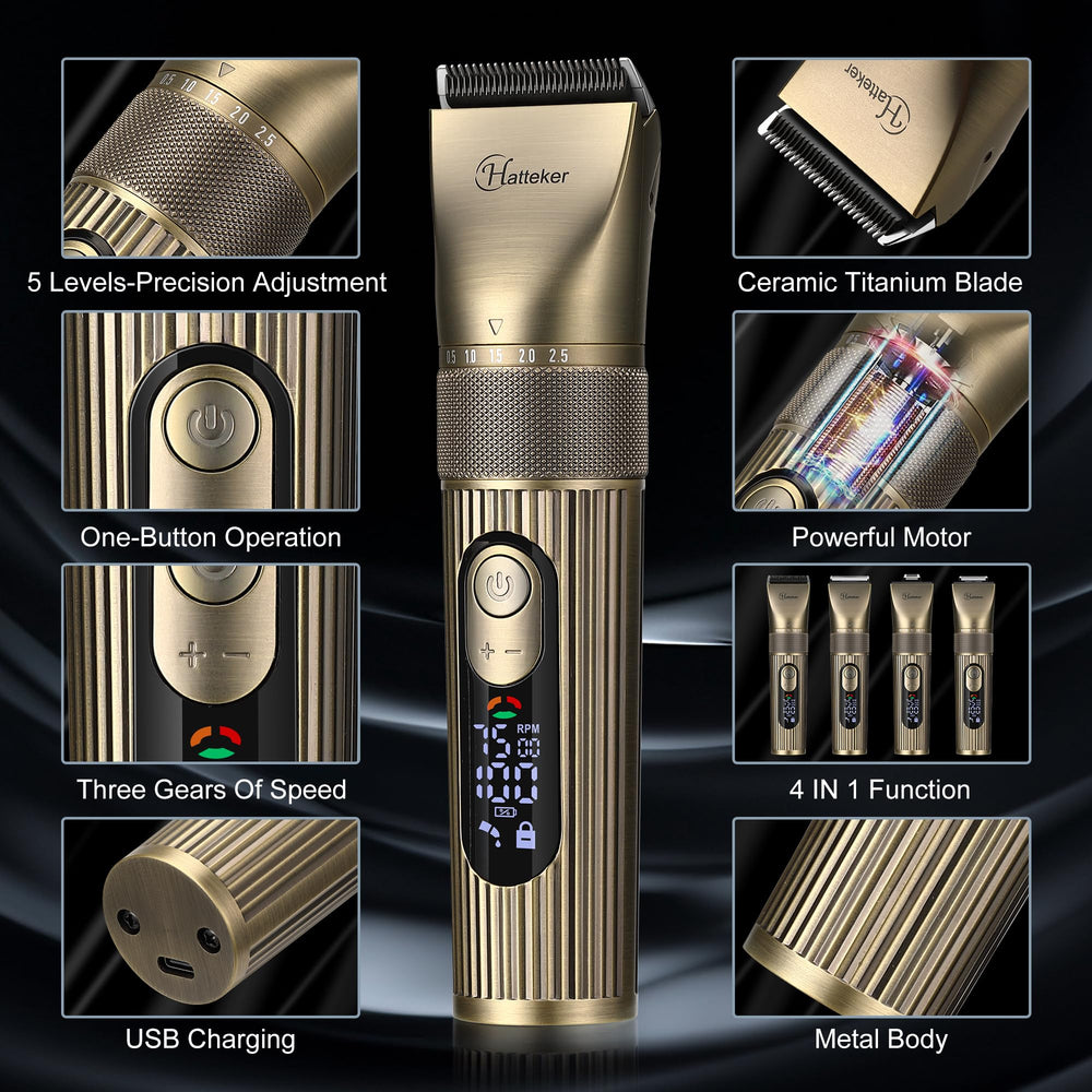 Hatteker hair clipper cutter head close-up highlighting ceramic titanium blades for smooth cuts.