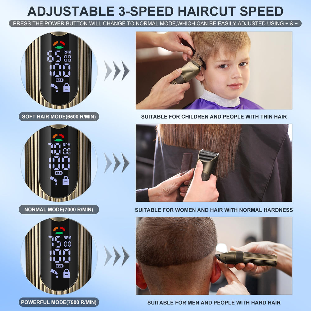 Hatteker clipper in action with multiple speed settings for different hair types.