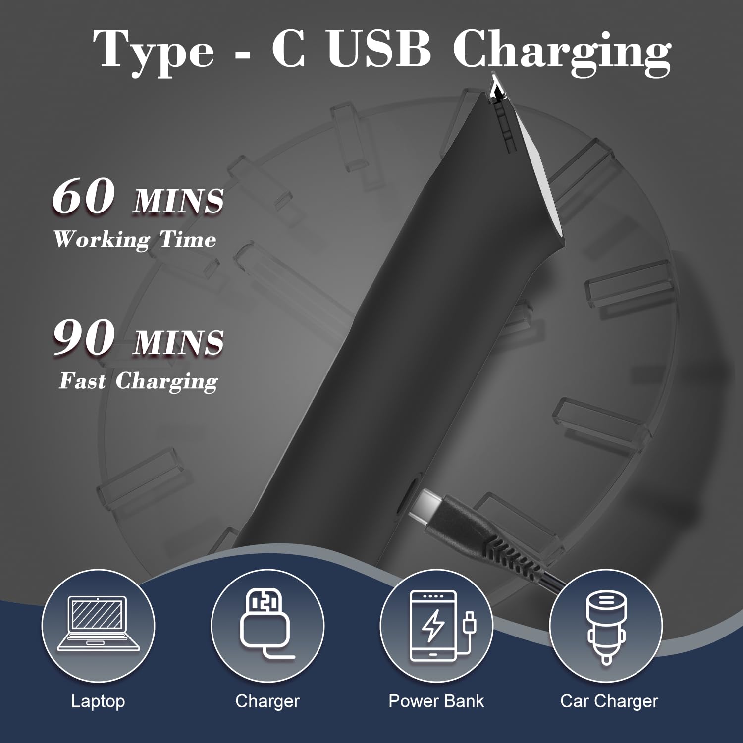 Hatteker Type-C charging offers quick power and up to sixty minutes runtime.