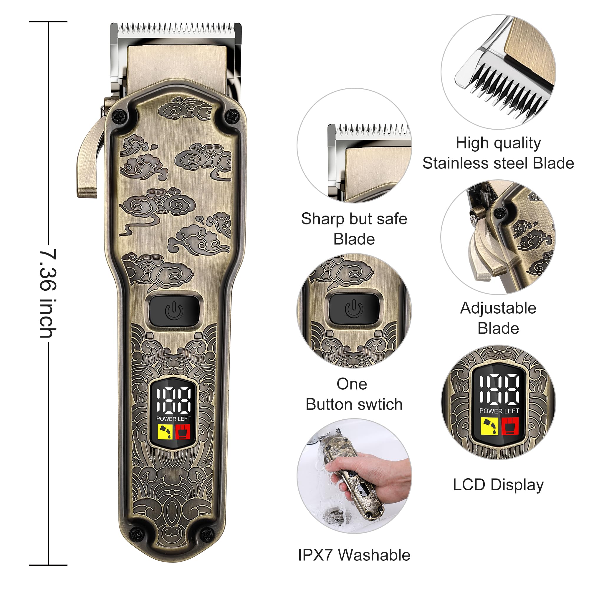 Hatteker multi-function trimmer heads close-up showing nose/ear and body grooming versatility
