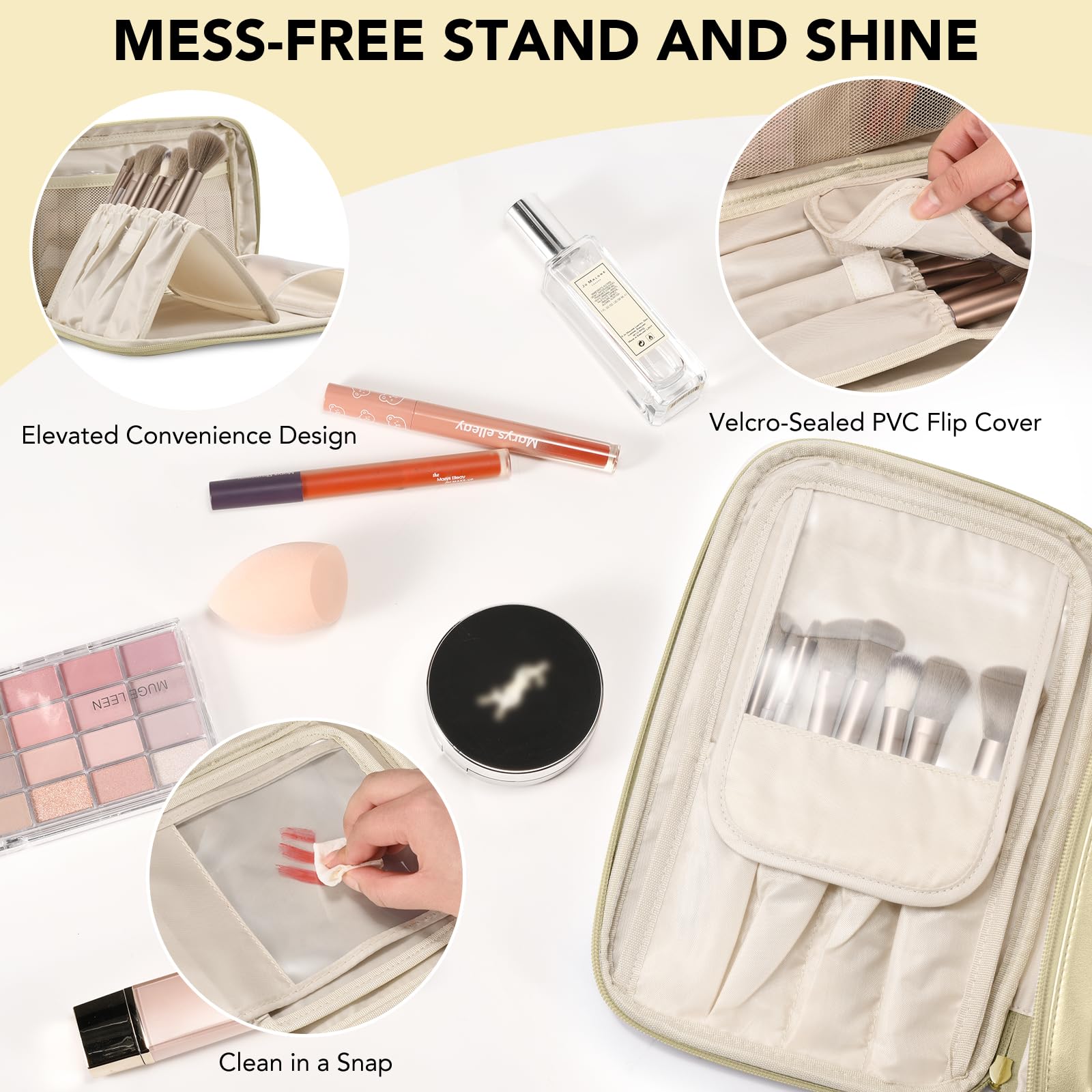 HauteHues makeup bag features a brush holder for upright, accessible brushes.