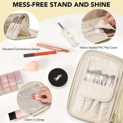 HauteHues makeup bag features a brush holder for upright, accessible brushes.