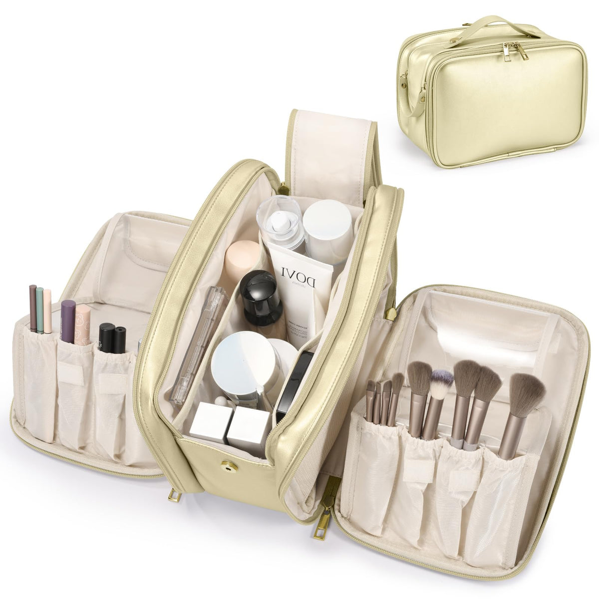 HauteHues travel makeup bag showing large opening for quick cosmetic access on trips.
