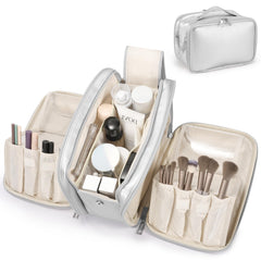 HauteHues travel makeup bag with large opening in silver for quick access to cosmetics