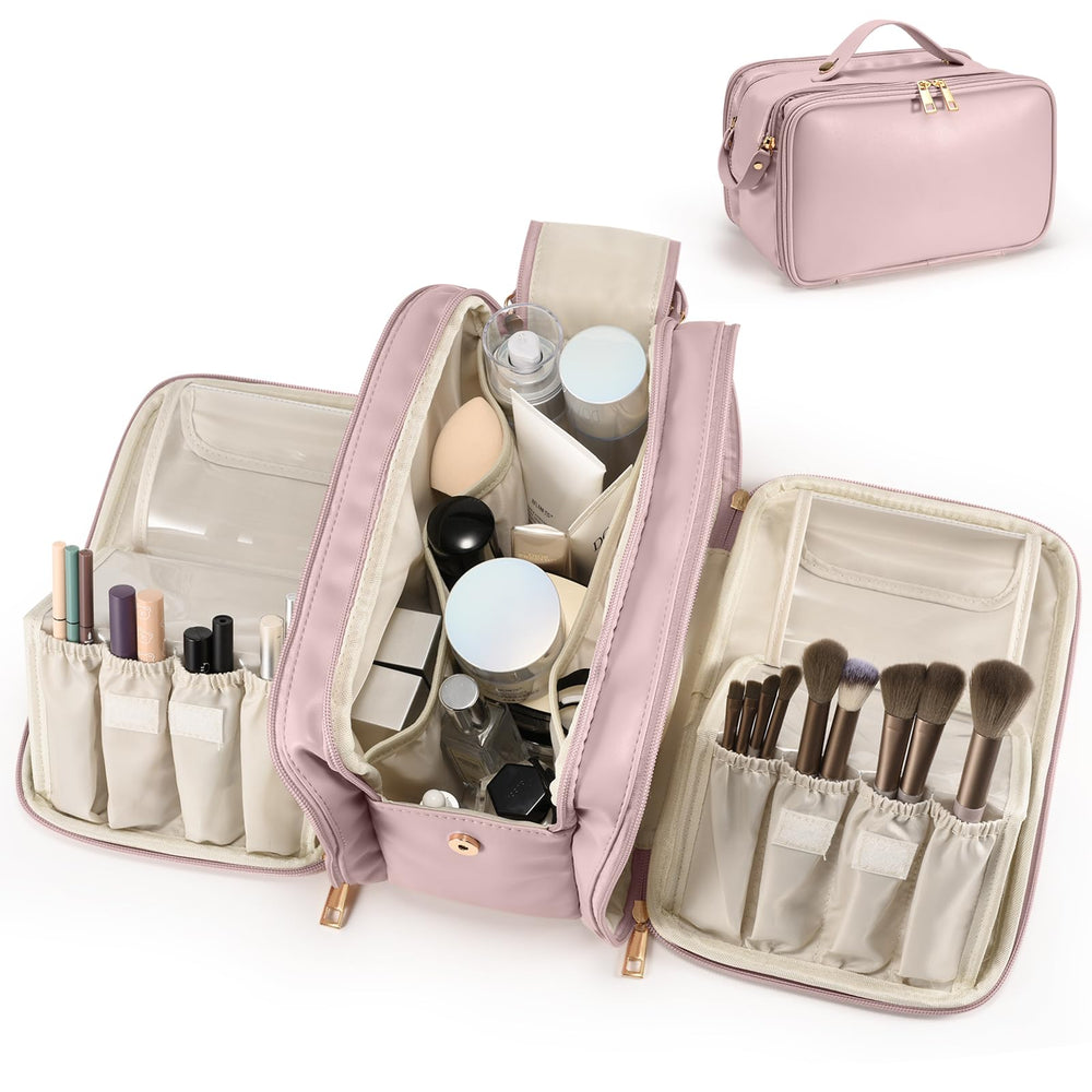HauteHues travel makeup bag large opening enables quick access to cosmetics on the go.