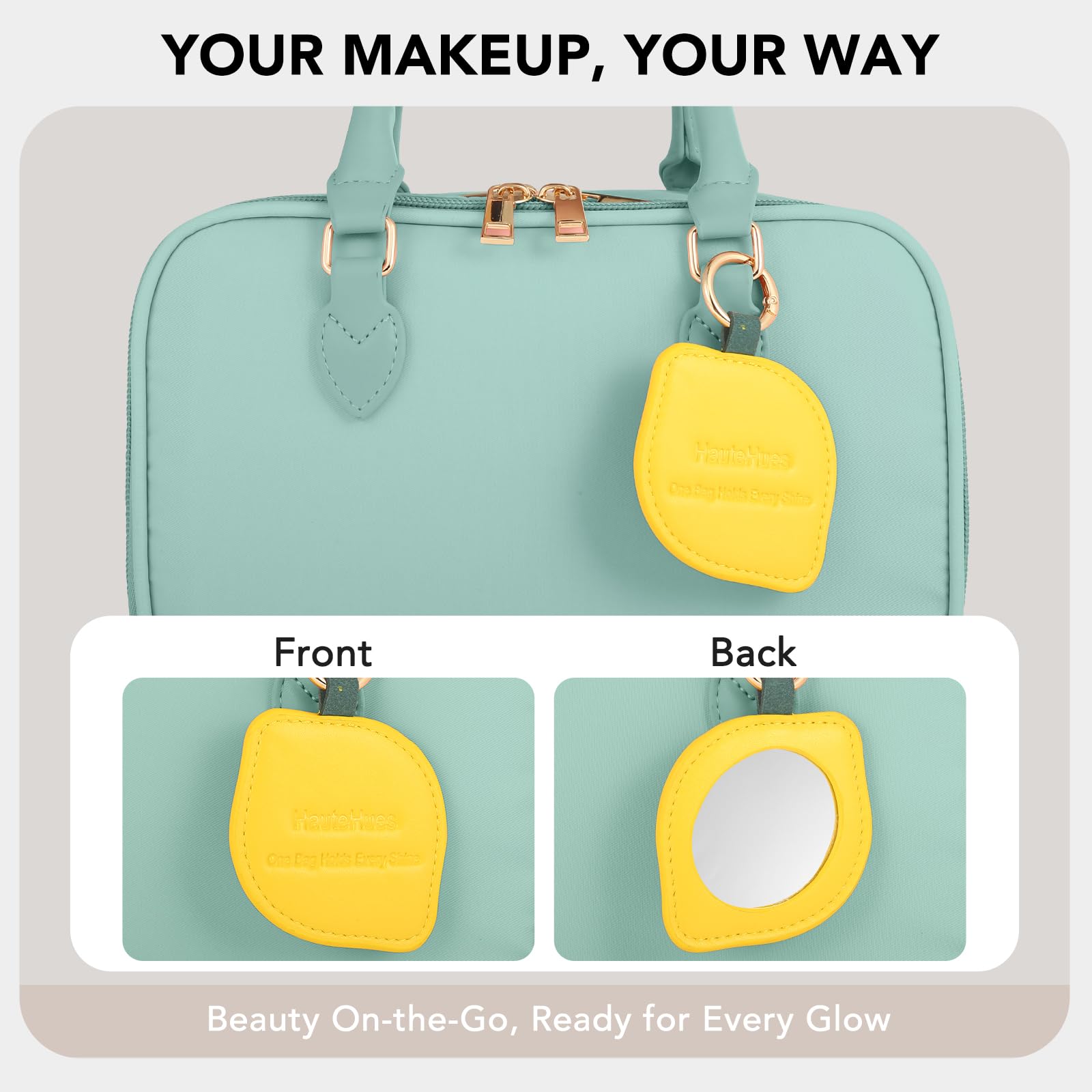 HauteHues lemon PU mirror included enhances makeup routine on the go