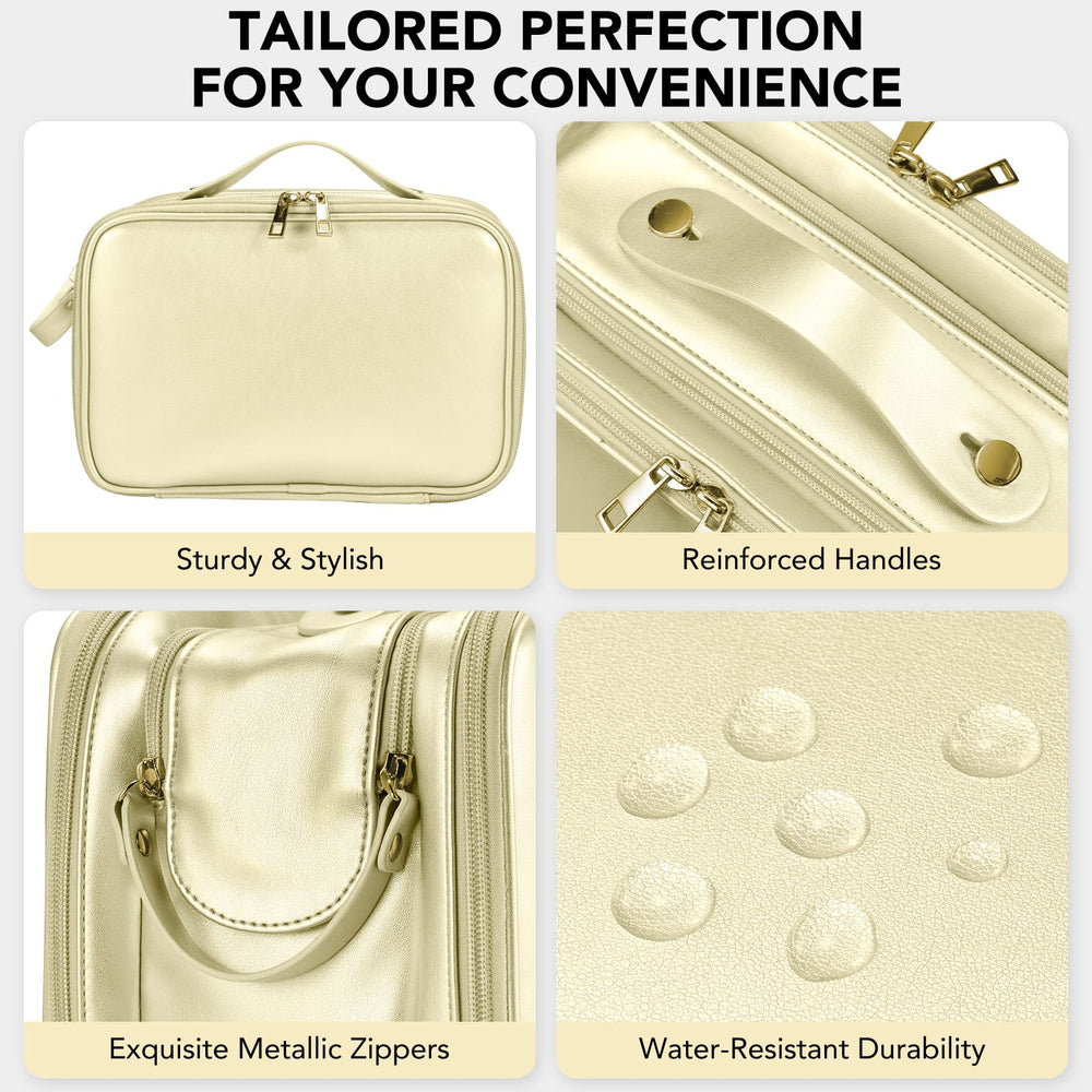 HauteHues gold makeup bag highlights vertical standing design for easy viewing.
