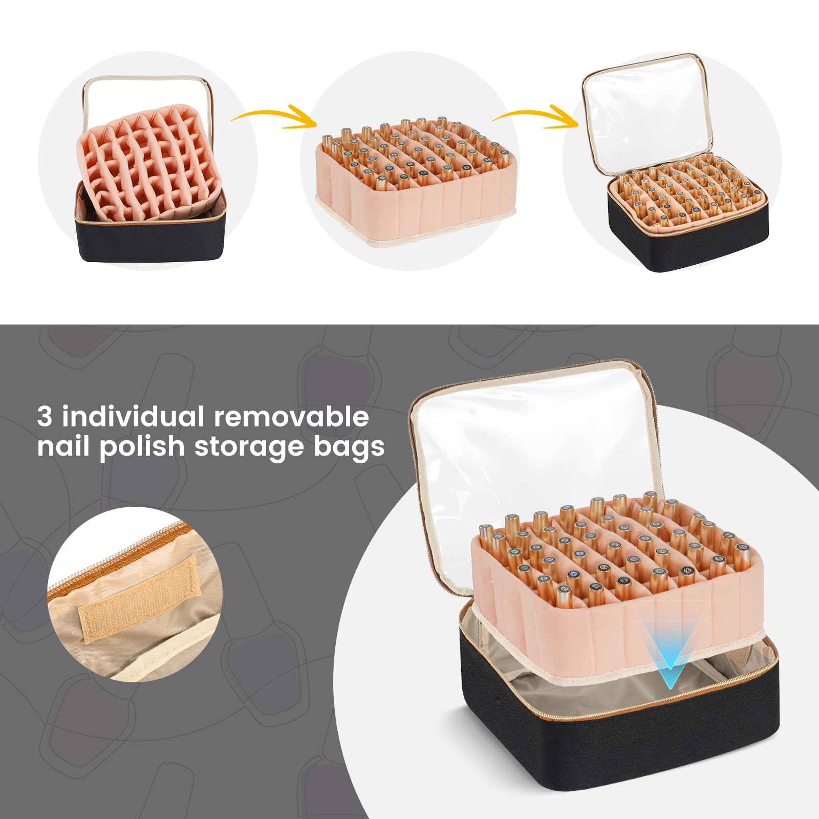 Hautton organizer features a double-layer design for polish and tools.
