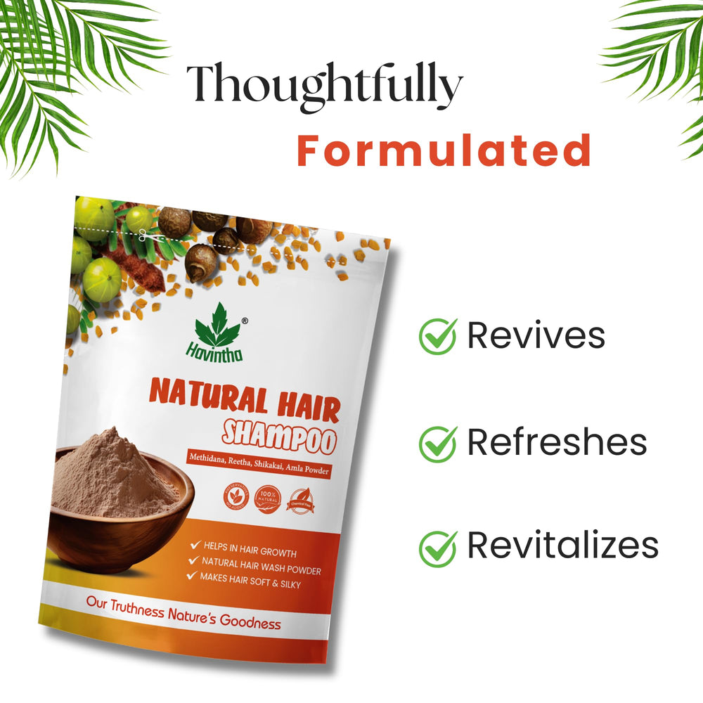 Havintha shampoo powder texture close-up shows fine grind ideal for easy mixing.
