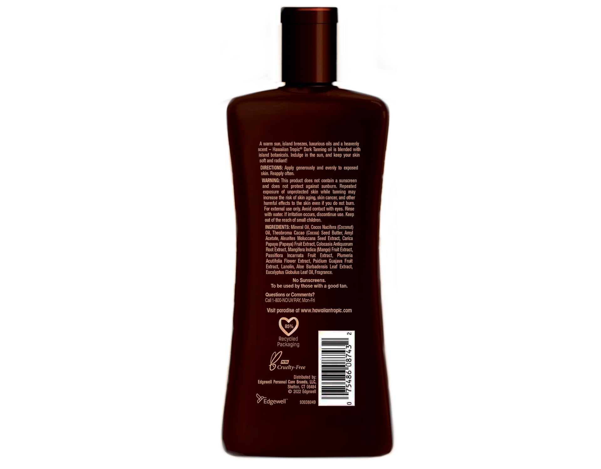 Hawaiian Tropic Dark Tanning Oil bottle side view highlighting moisture feel