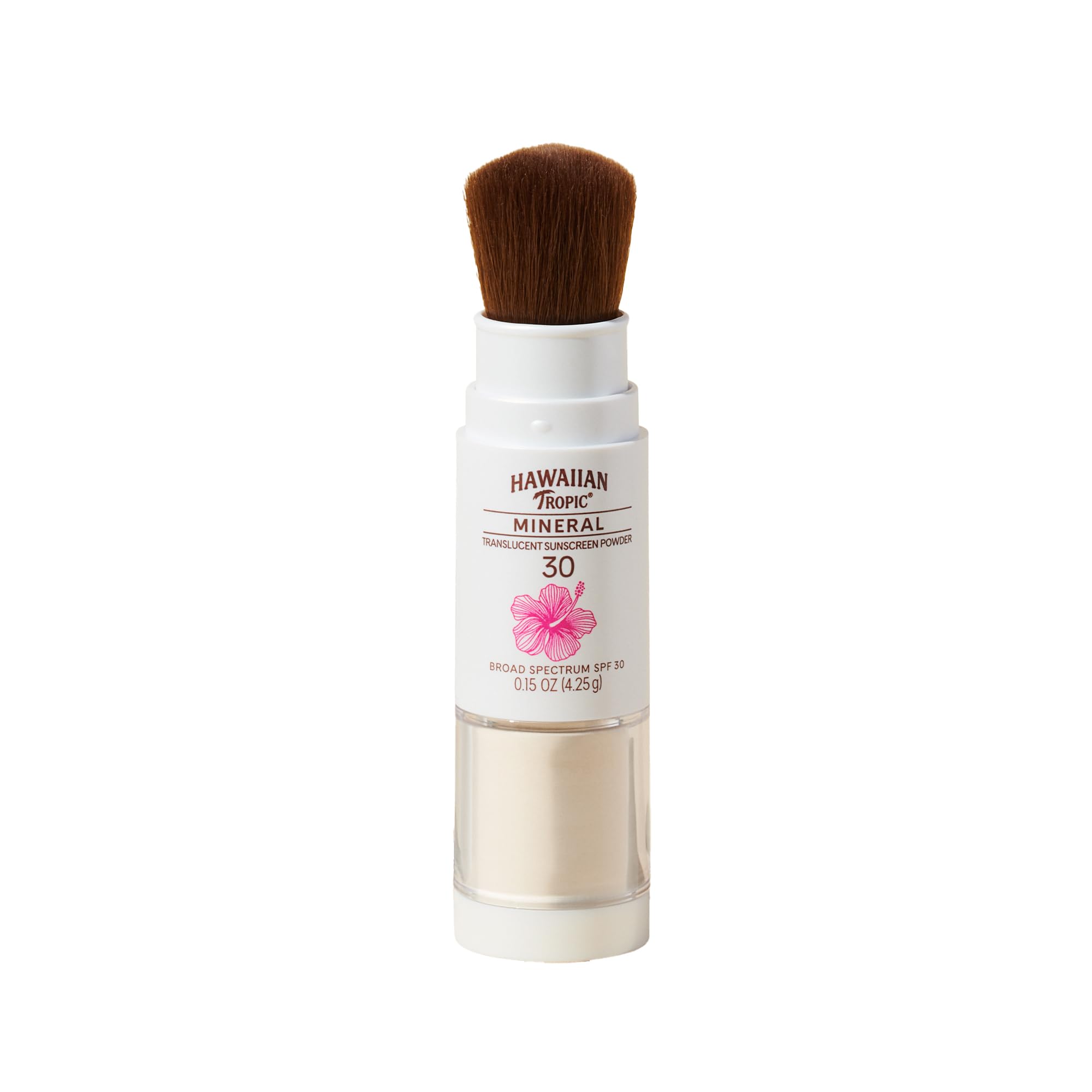 Hawaiian Tropic Mineral Powder Sunscreen Brush application delivers quick, even SPF 30 coverage.