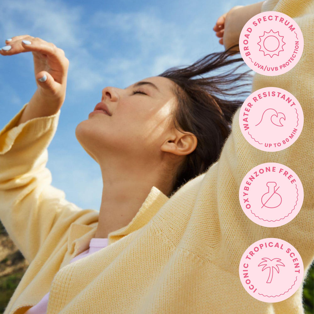 Hawaiian Tropic sunscreen brush sets makeup with subtle glow and protection.