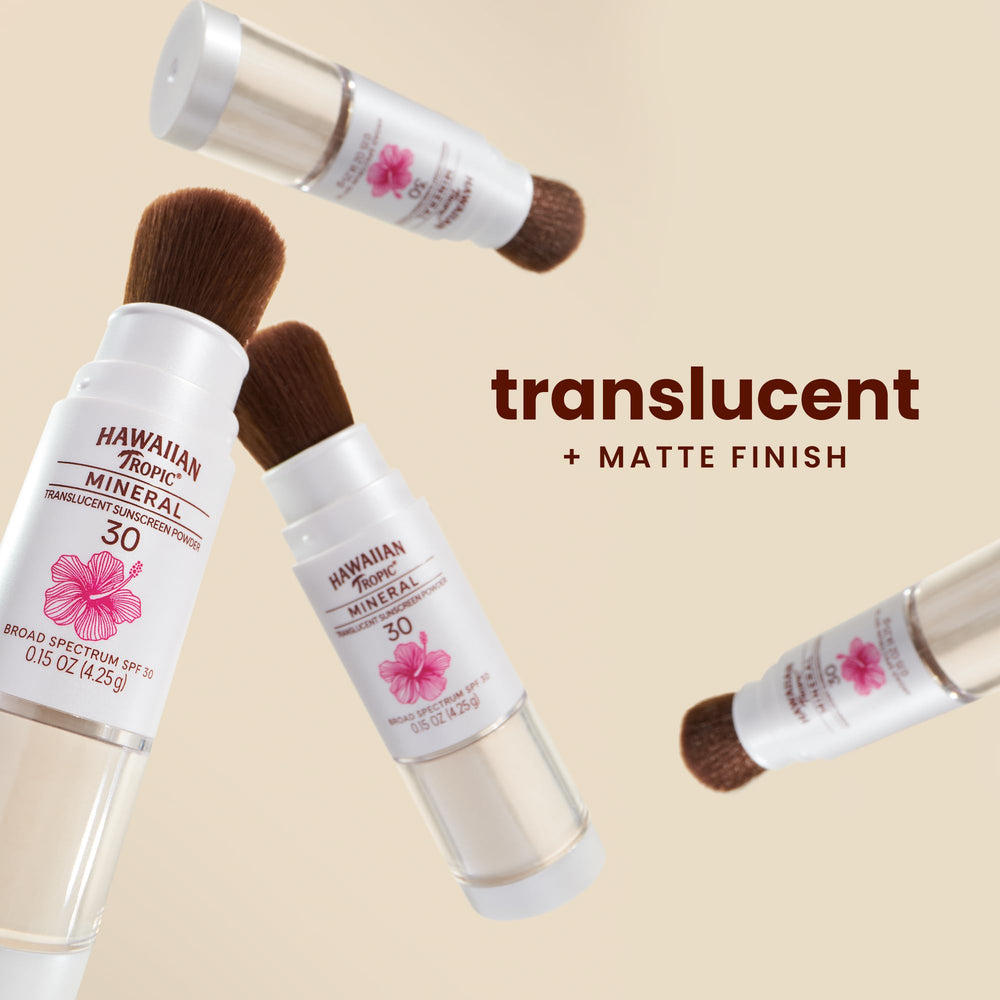 Hawaiian Tropic Mineral Powder Sunscreen Brush travel-size compact for on-the-go protection.