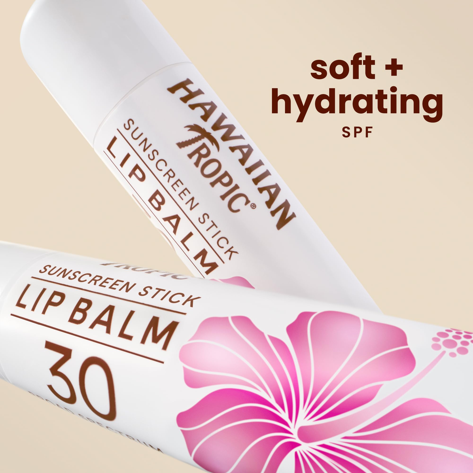 Hawaiian Tropic Tropical Lip Balm SPF 30 packaging highlights portable travel size protection