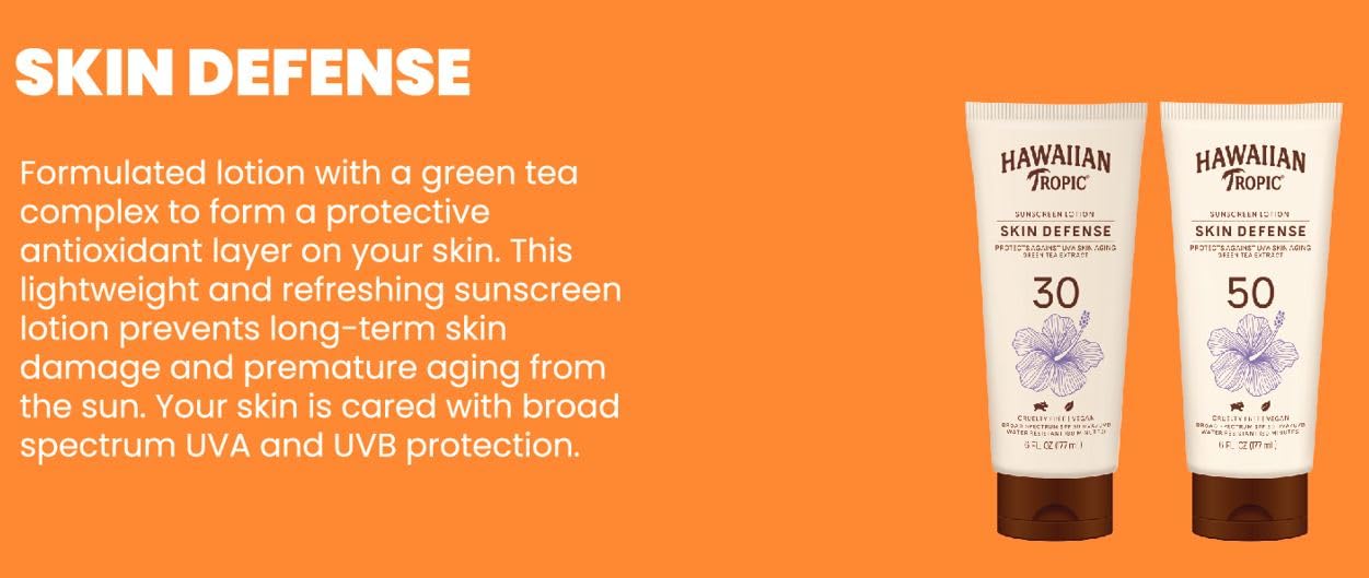 Hawaiian Tropic SPF50 tube on hands highlighting sun protection.