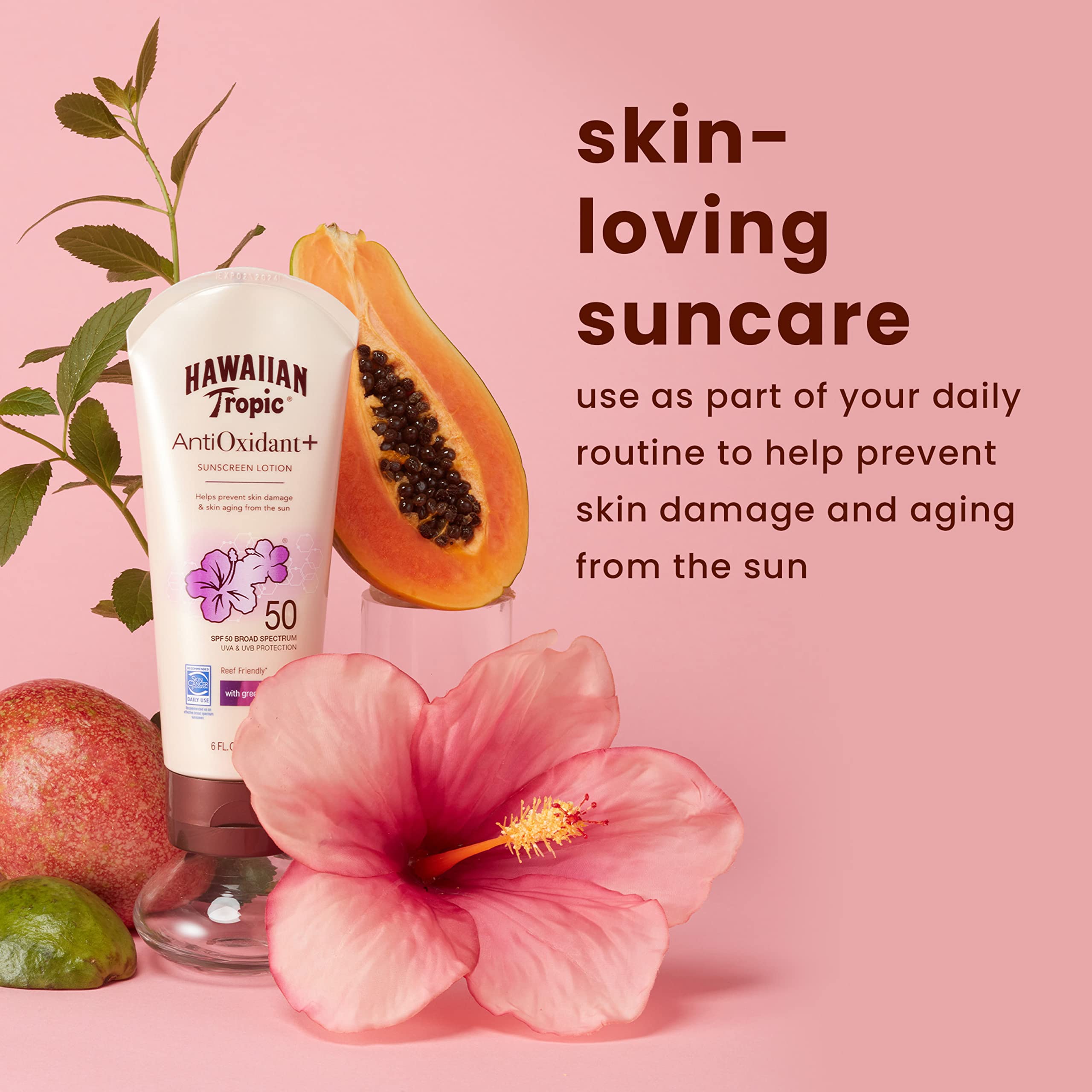 Hawaiian Tropic tropical botanicals like guava, papaya, and mango on the label.
