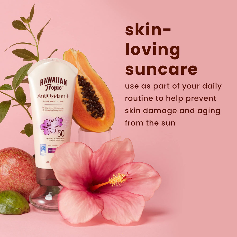 Hawaiian Tropic tropical botanicals like guava, papaya, and mango on the label.
