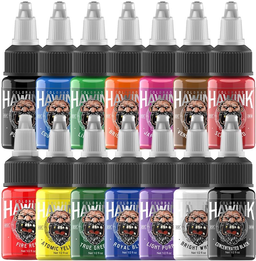 HAWINK tattoo ink set packaging shows 14 bottles for professional kits and consistent pigment delivery.