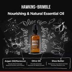 Hawkins & Brimble beard oil 50ml packaging on shelf