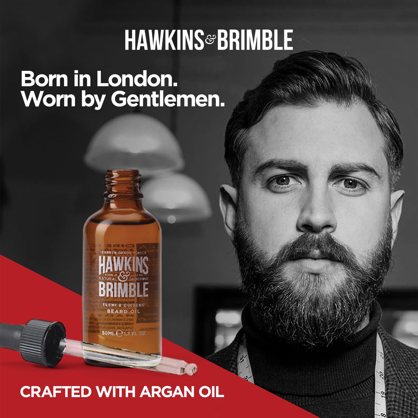 Hawkins & Brimble beard oil close-up shows argan and castor ingredients