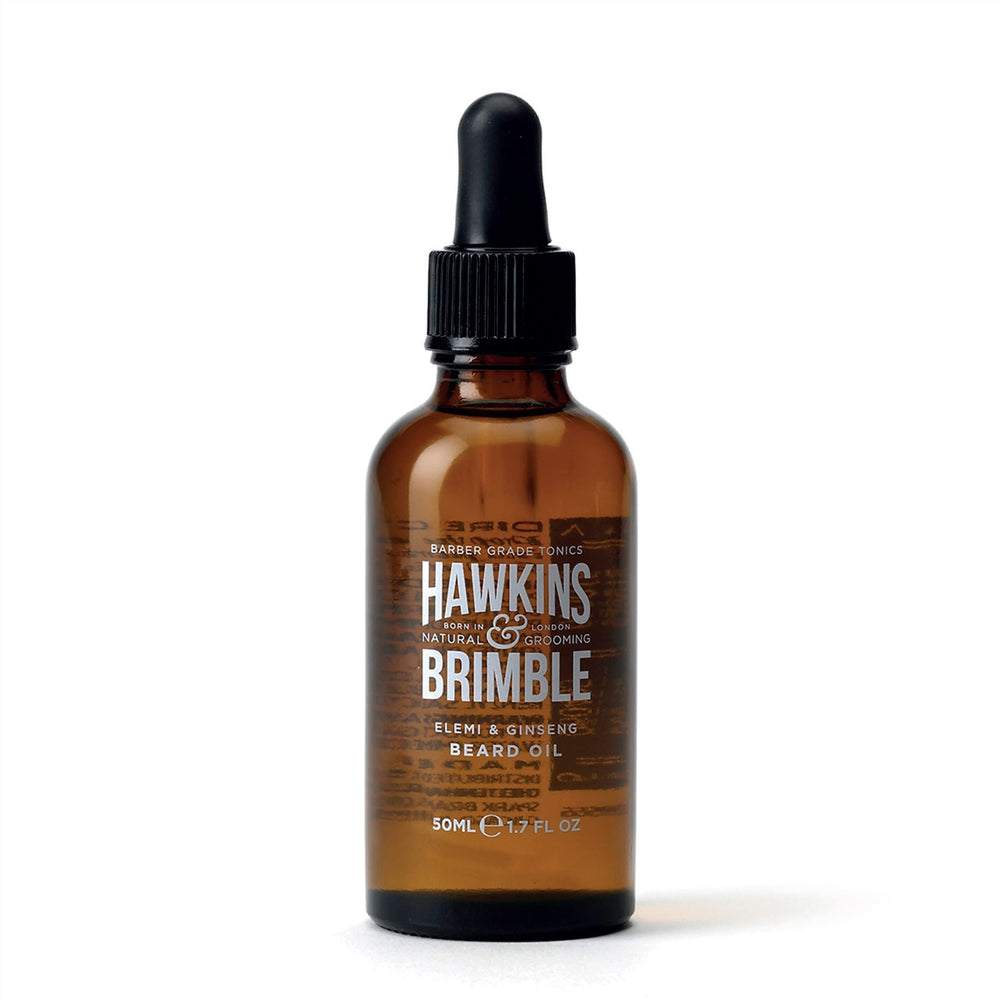 Hawkins & Brimble beard oil sandalwood bottle for even application and subtle scent