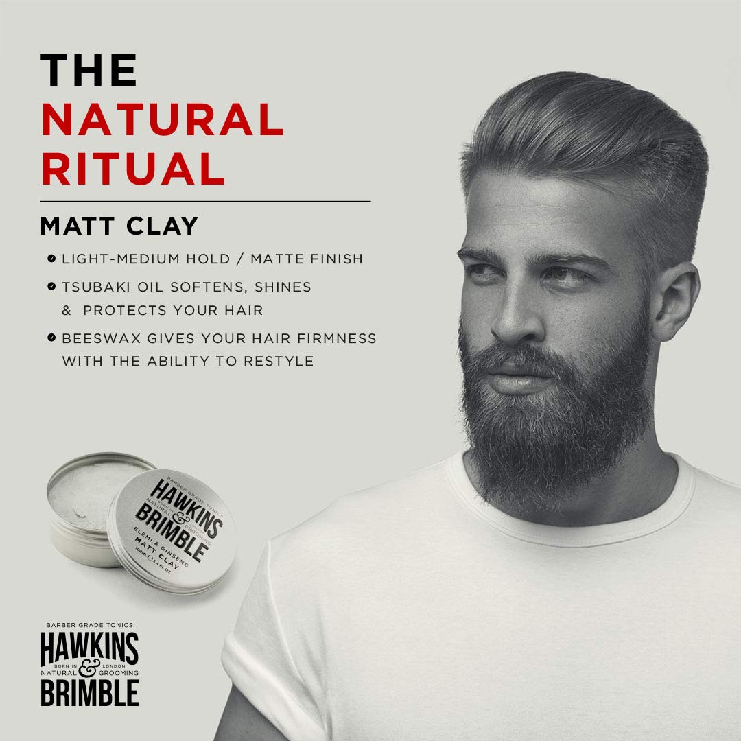 Hawkins & Brimble Matt Clay strong-hold styling in action