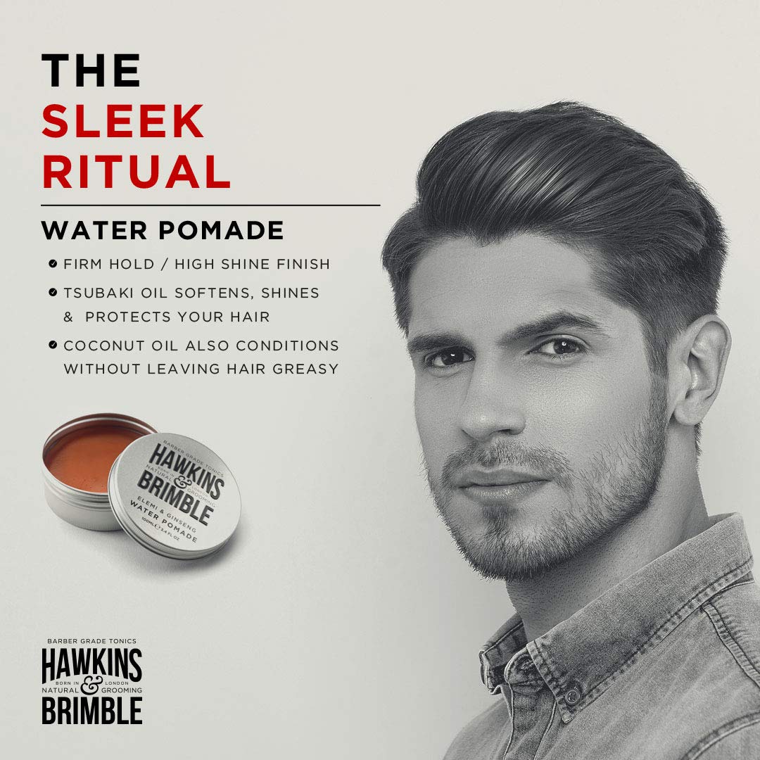 Hawkins & Brimble pomade finish demonstrating natural shine and flexible hold