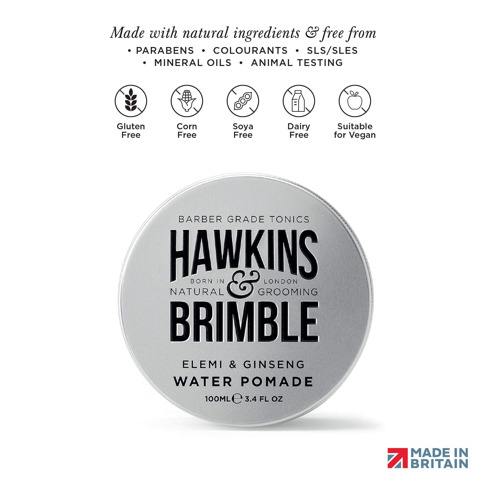 Hawkins & Brimble pomade jar highlights clean removal and natural shine