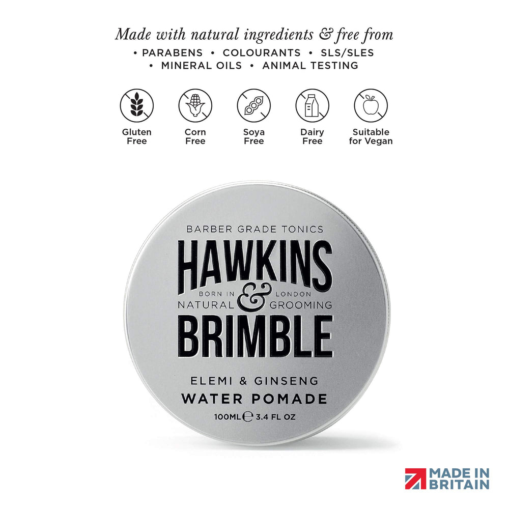 Hawkins & Brimble pomade jar highlights clean removal and natural shine