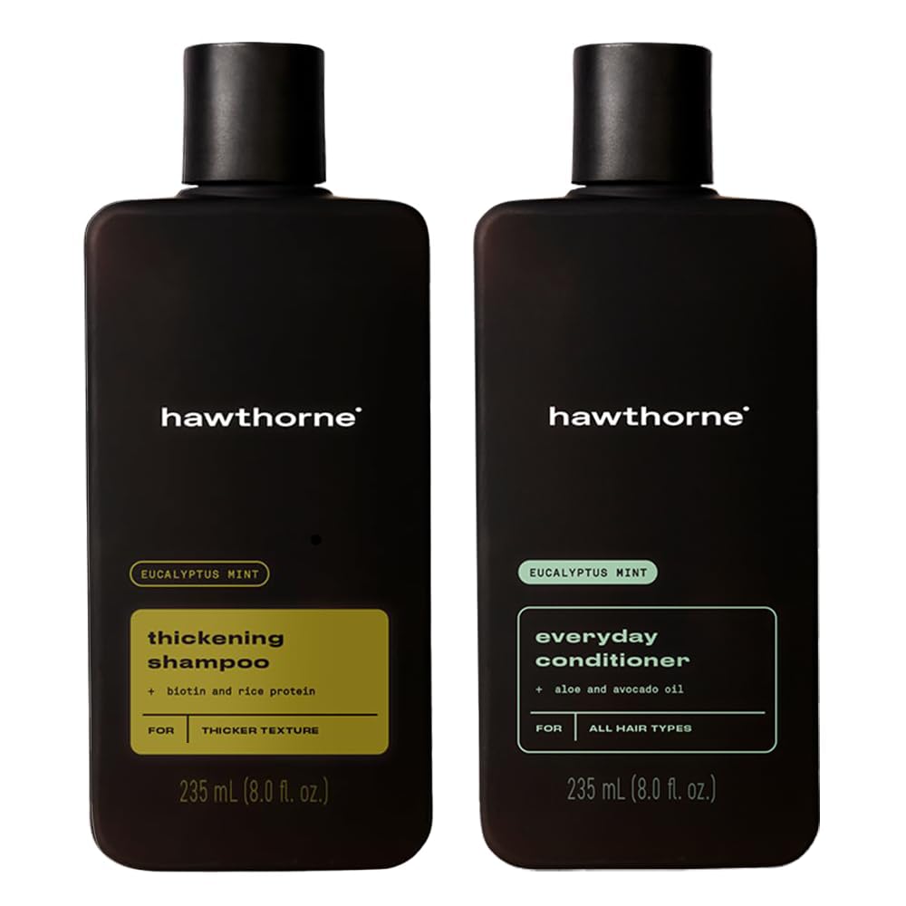 Hawthorne Thicker Hair Shampoo bottle promotes fuller-looking hair with minty scent.