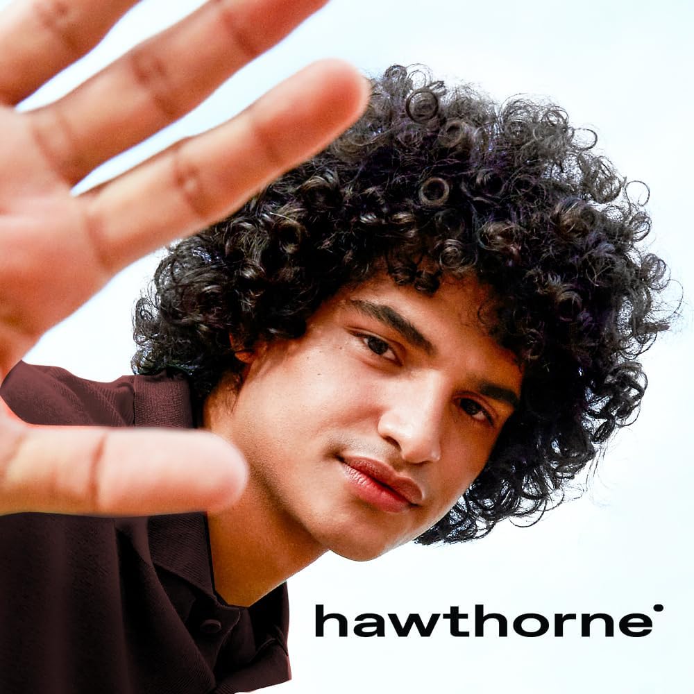 Close-up of Hawthorne hair after use showing hydrated curls and reduced frizz